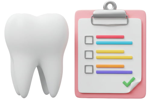 Tooth model and checklist representing coverage under the Canadian Dental Care Plan for dental treatments.