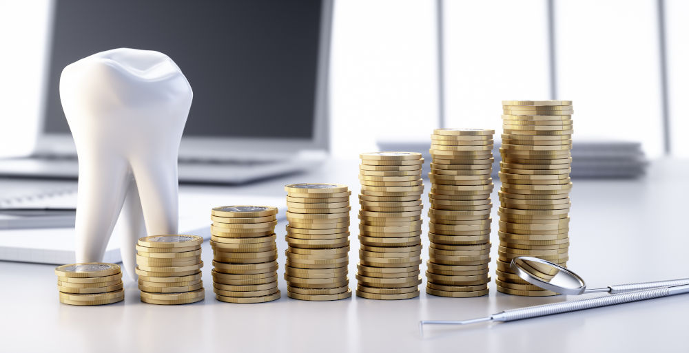 Tooth with increasing stacks of coins representing rising dental crown costs